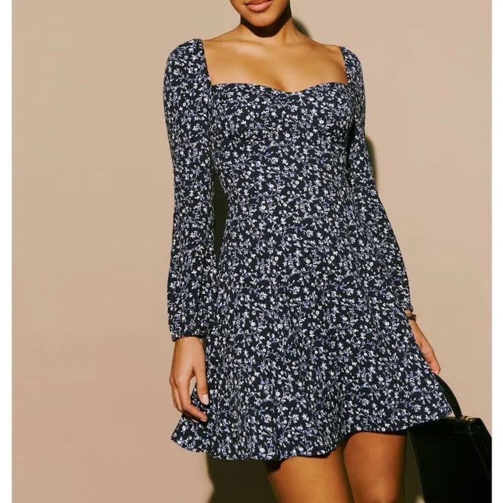 Reformation Navy Floral Long Sleeve Dress